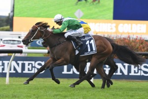 Estijaab, above in green colours, beats Oohood in yellow on her inside in the 2018 Golden Slipper at Rosehill. Photo by Steve Hart.