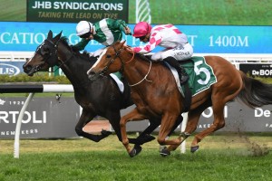 Shumookh, above in green and white colours, beat Champagne Cuddles in pink and white in the Golden Pendant at Rosehill. Photo by Steve Hart. 