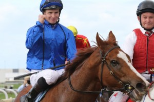 James McDonald, above, rides Outback Barbie in the 2019 Magic Millions 3yo Guineas at the Gold Coast. Photo by Daniel Costello.