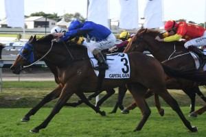 Trainer Peter Butterworth trained Capital Gain, above, to win the 2017 Group 1 J J Atkins at Doomben. Photo by Steve Hart. 