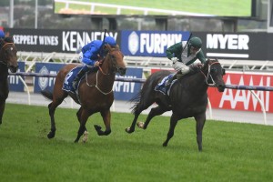 Exceedance, above in green and white colours, raced pass Bivouac to win the 2019 Coolmore Stud Stakes at Flemington. Photo by Steve Hart.
