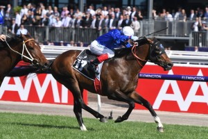 Best Of Days, above, wins the 2018 Kennedy Mile at Flemington. Photo by Steve Hart.