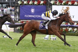 True Self, above, wins the 2019 Queen Elizabeth Stakes at Flemington. Photo by Ultimate Racing Photos.