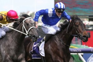 Jaameh, above in blue colours, fights back to win the 2018 Queen Elizabeth Stakes at Flemington. Photo by Ultimate Racing Photos.