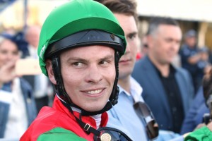 Jockey Ben Melham, above, was aboard Our Playboy for his win in the Vain Stakes at Caulfield. Photo by Daniel Costello.