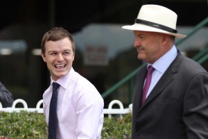 Quezette Stakes winner Bella Nipotina is co-trained by Ben Hayes, above in pink shirt. Photo by Ultimate Racing Photos.